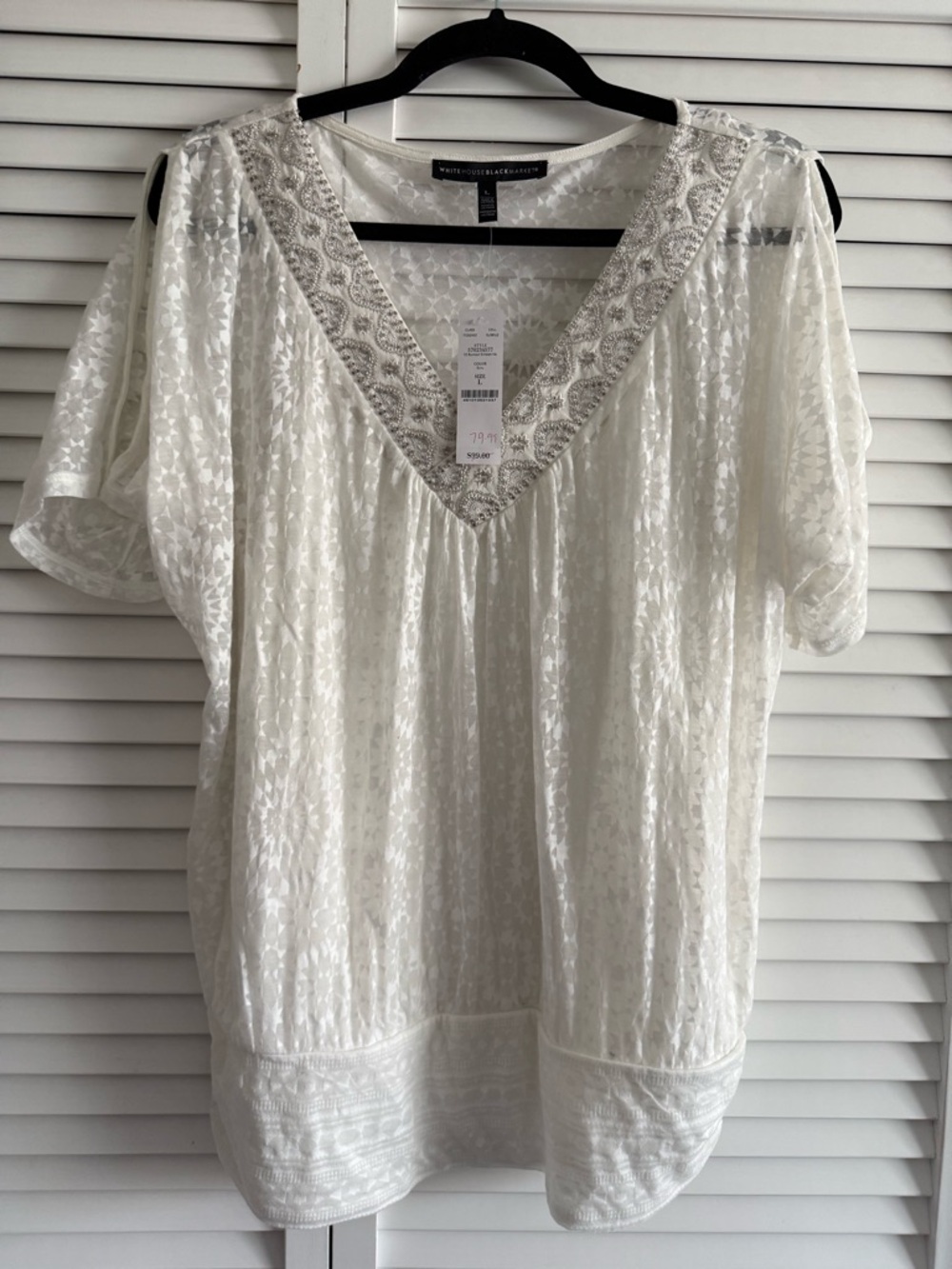 White House Black Market Lace-Trim V-Neck Sheer Blouse